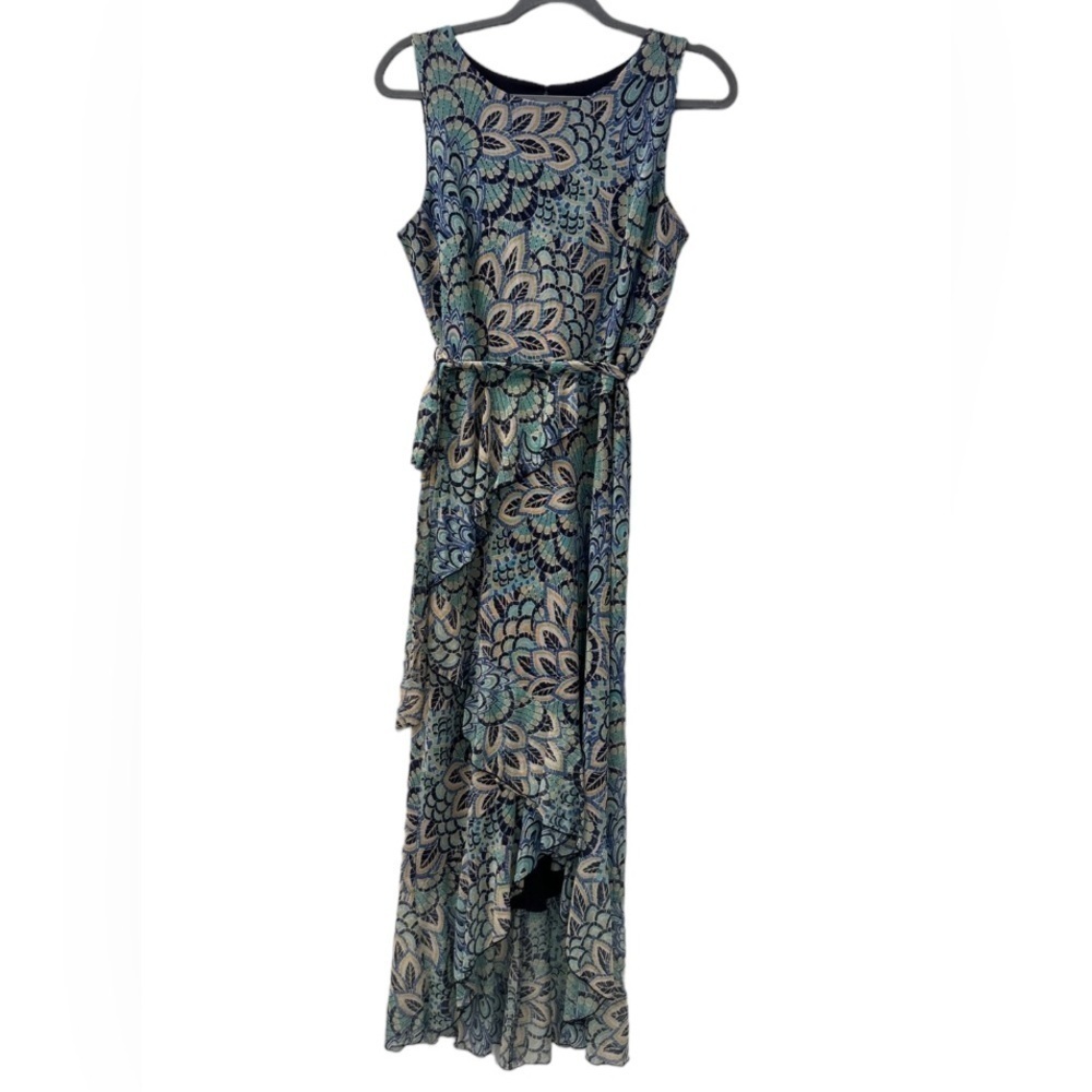 Stella & Julie Peacock Pattern Sleeveless Long Dress-Blue Green-Women. Size 8